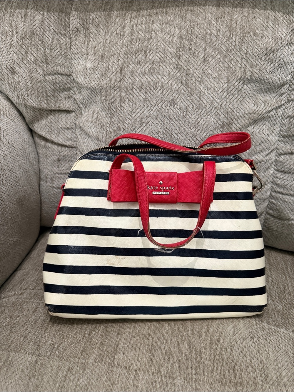 kate spade Navy and White Striped Satchel with Red Accents